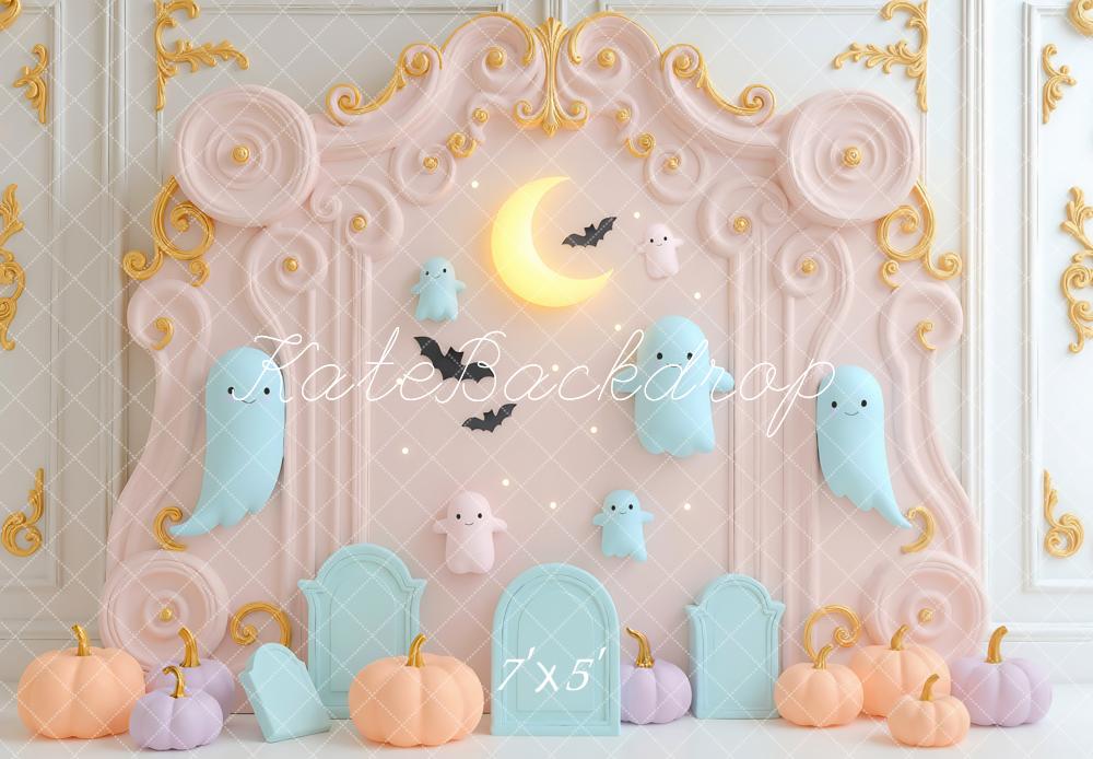 Kate Halloween Pastel Ghosts Moon Pumpkins Ornate Frame Backdrop Designed by Mini MakeBelieve