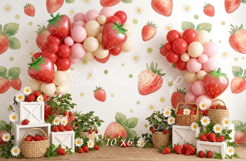 Kate Summer Strawberry Balloon Arch Daisy Basket Printed Backdrop Designed by Emetselch
