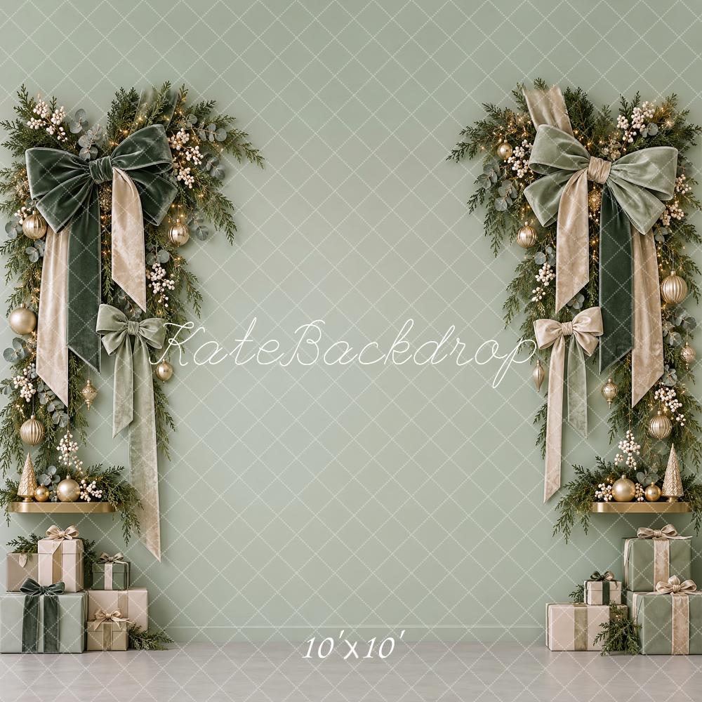 Kate Christmas Sage Green Wreath Velvet Bows Printed Backdrop Designed by Vertigo Productions