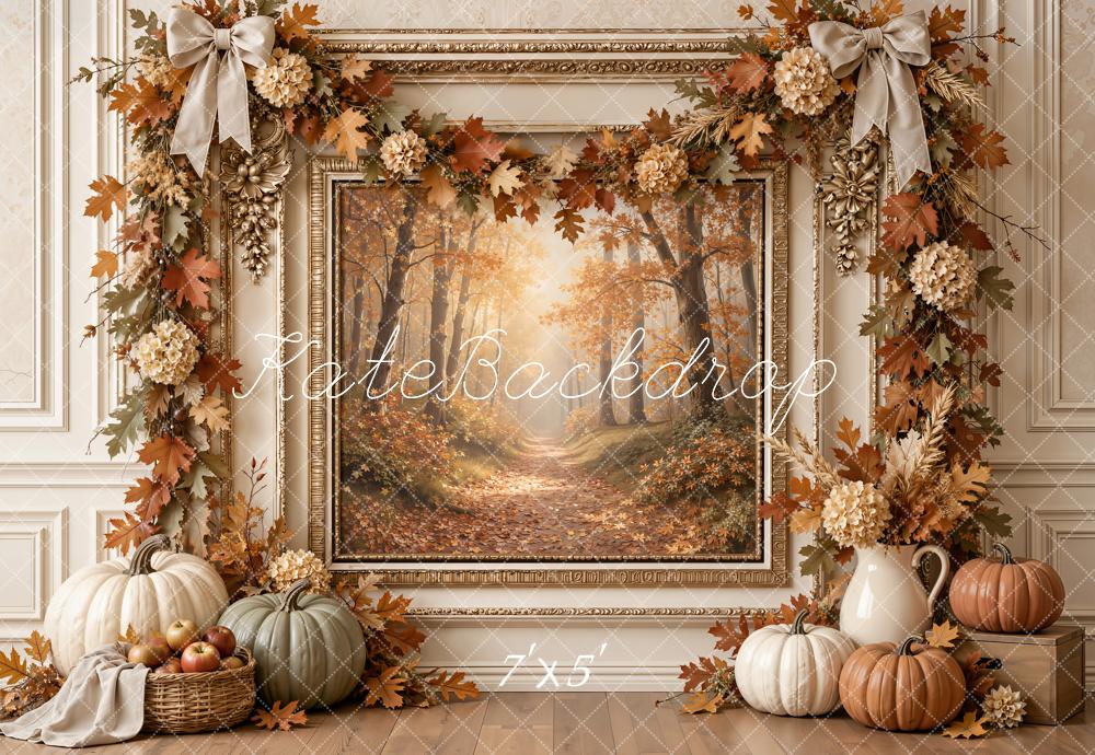 Kate Fall Vintage Framed Wall Pumpkin Garland Forest Printed Backdrop Designed by Emetselch
