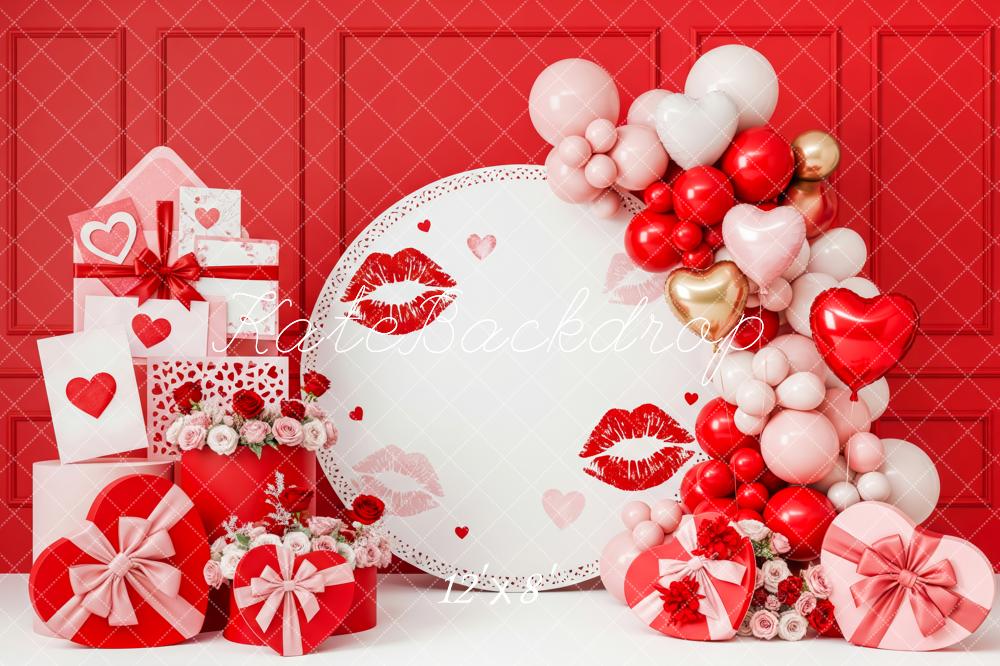 Kate Valentine's Day Red Hearts Balloons Gift Boxes Printed Backdrop Designed by Patty Roberts