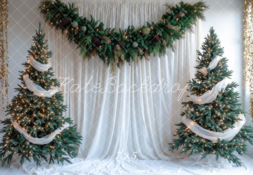 Kate Christmas Pine Trees Garland White Drapes Printed Backdrop Designed by Mini MakeBelieve