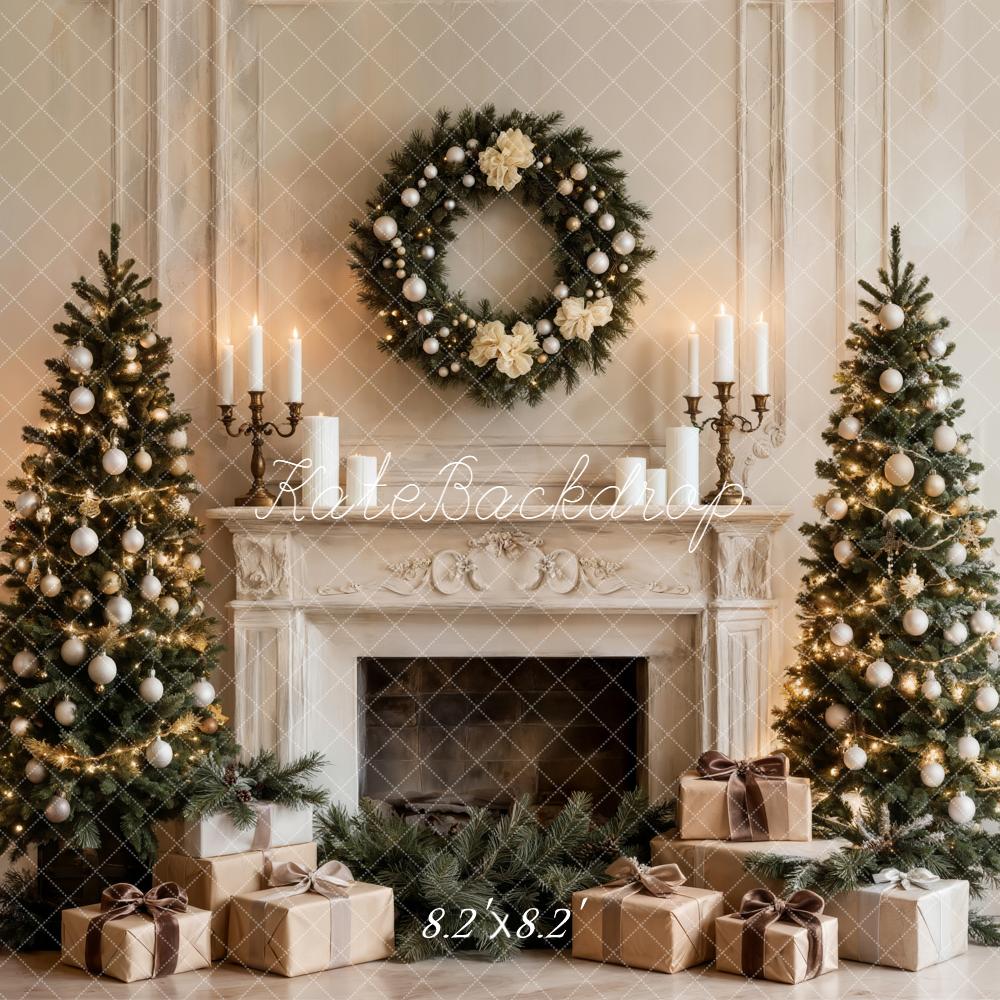 Kate Christmas Trees Fireplace Wreath Gifts White Backdrop Designed by Emetselch