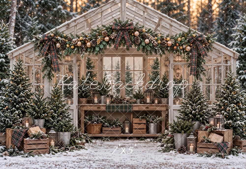 Kate Christmas Greenhouse Snowy Trees Garland Rustic Woodland Printed Backdrop Designed by Emetselch