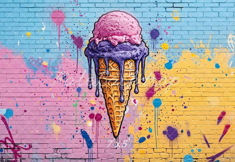 Kate Summer Ice Cream Cone Graffiti Brick Wall Printed Backdrop Designed by Emetselch