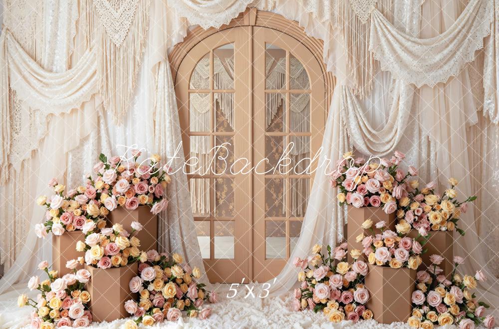 Kate Mother's Day Boho Floral Door Beige Drapes Backdrop Designed by Mini MakeBelieve