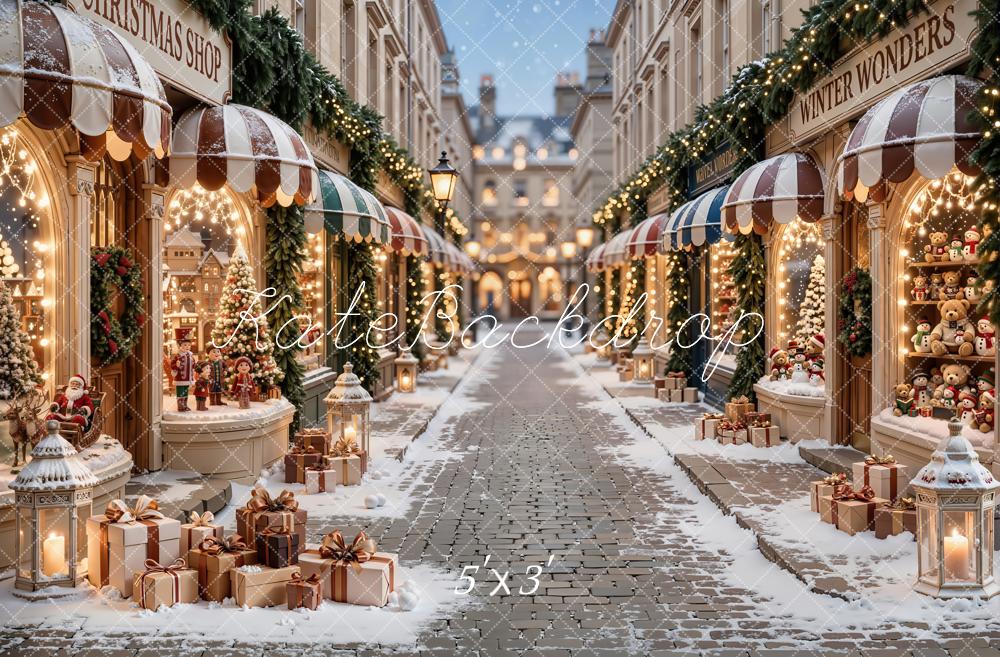 Kate Christmas Shop Snowy Street Gifts Printed Backdrop Designed by Emetselch