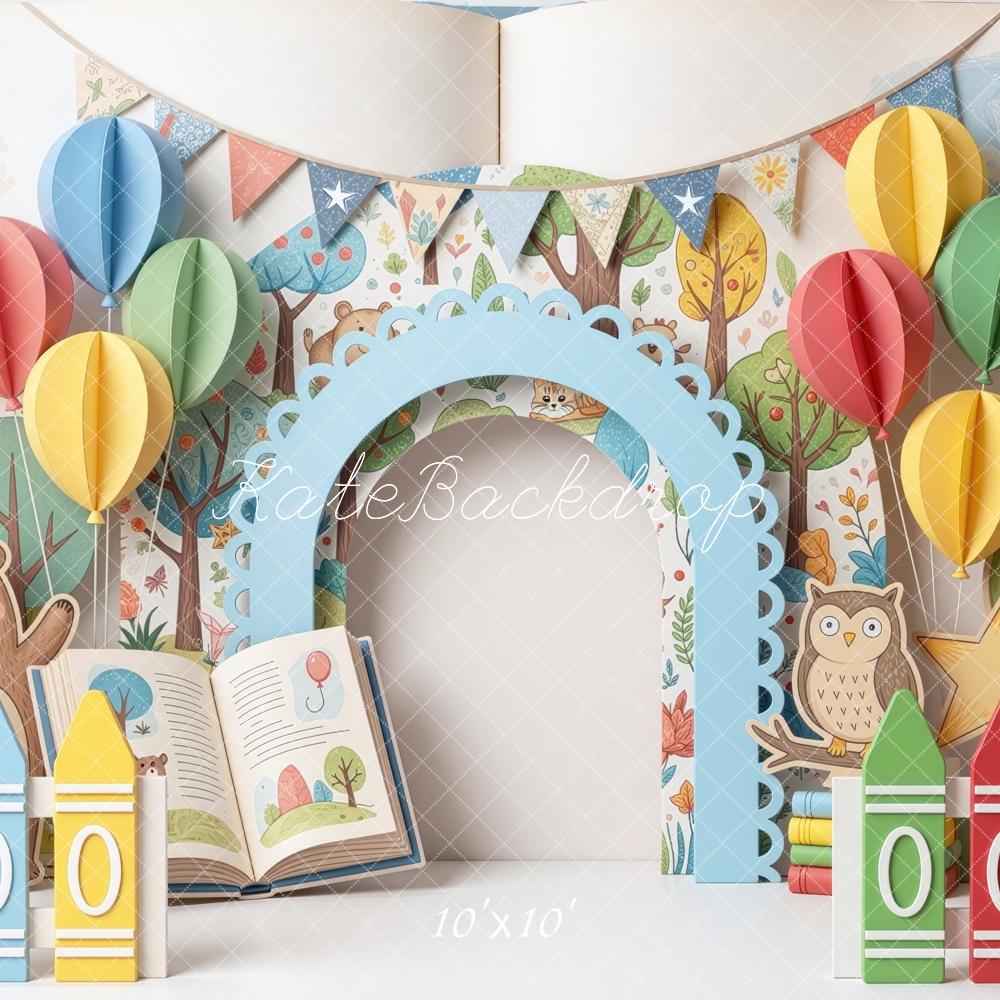 Kate Back to School Crayon Paper Balloons Arch Animals Storybook Printed Backdrop Designed by Mini MakeBelieve