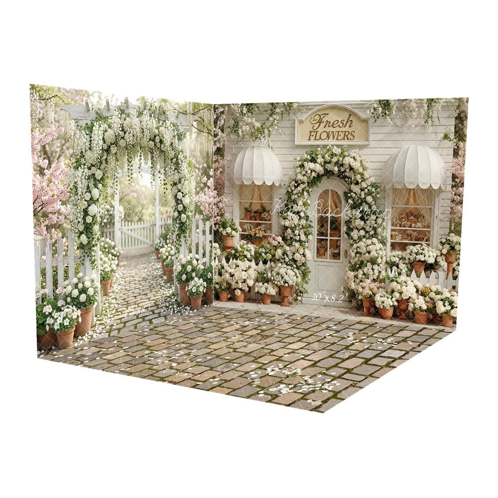 Kate Spring Flower Arch White Shop Picket Fence Printed Backdrop Room Set