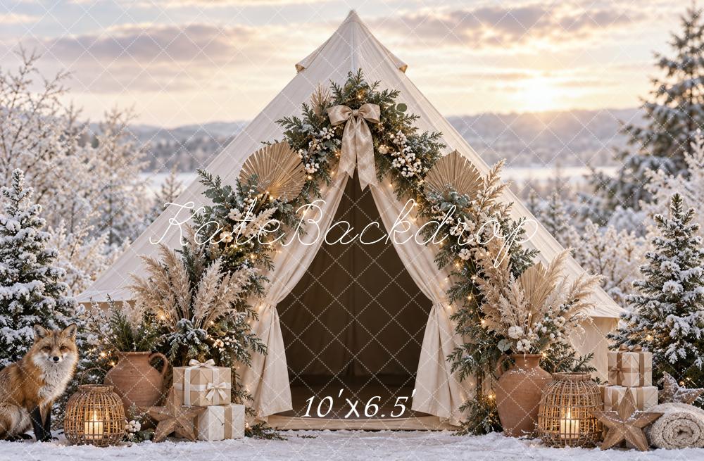 Kate Christmas Boho Tent Snowy Forest Fox Printed Backdrop Designed by Vertigo Productions