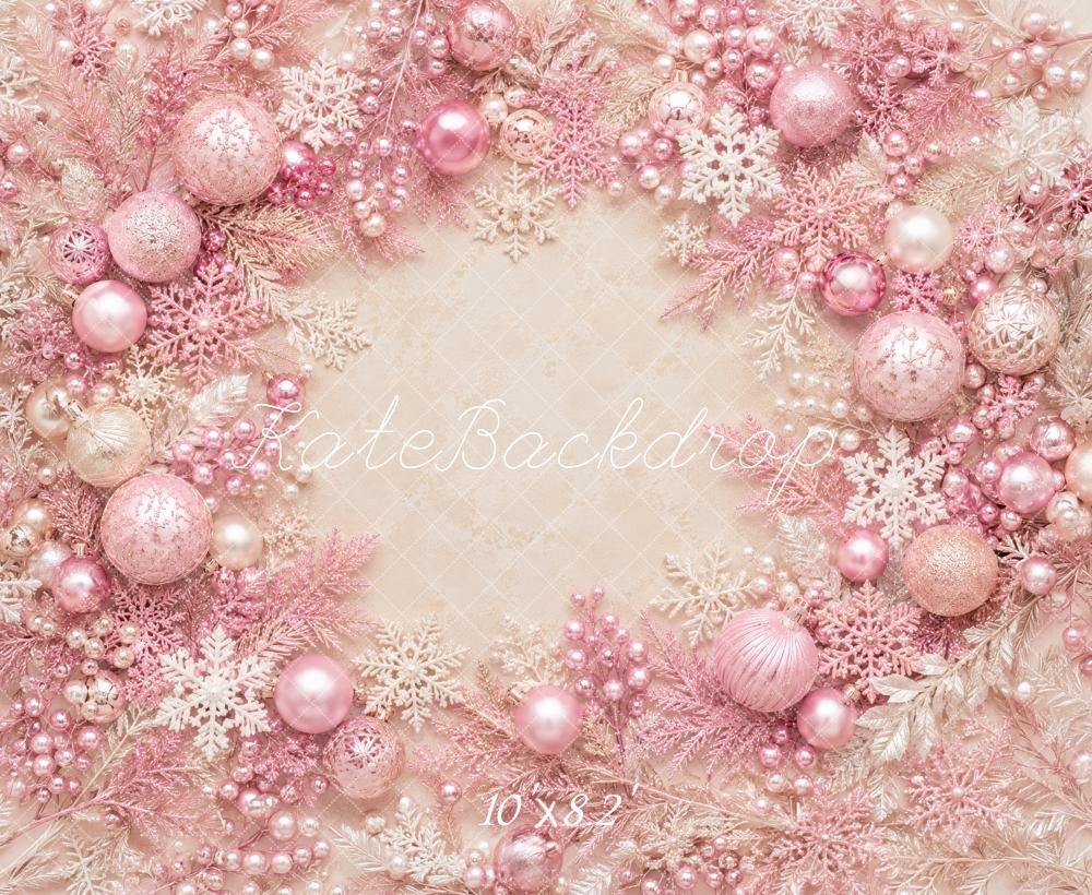 Kate Christmas Pink Ornaments Snowflakes Wreath Printed Backdrop Designed by Megan Leigh Photography