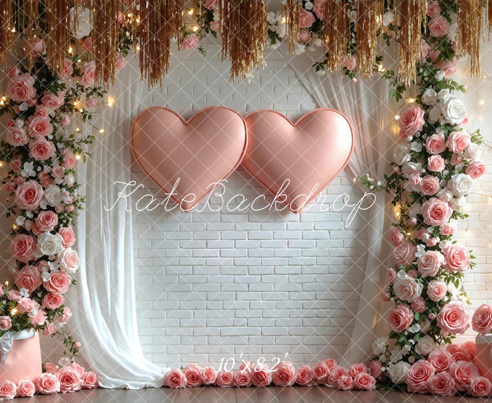 Kate Heart Balloons Flower Arch Pink Roses White Brick Wall Backdrop Designed by Mini MakeBelieve