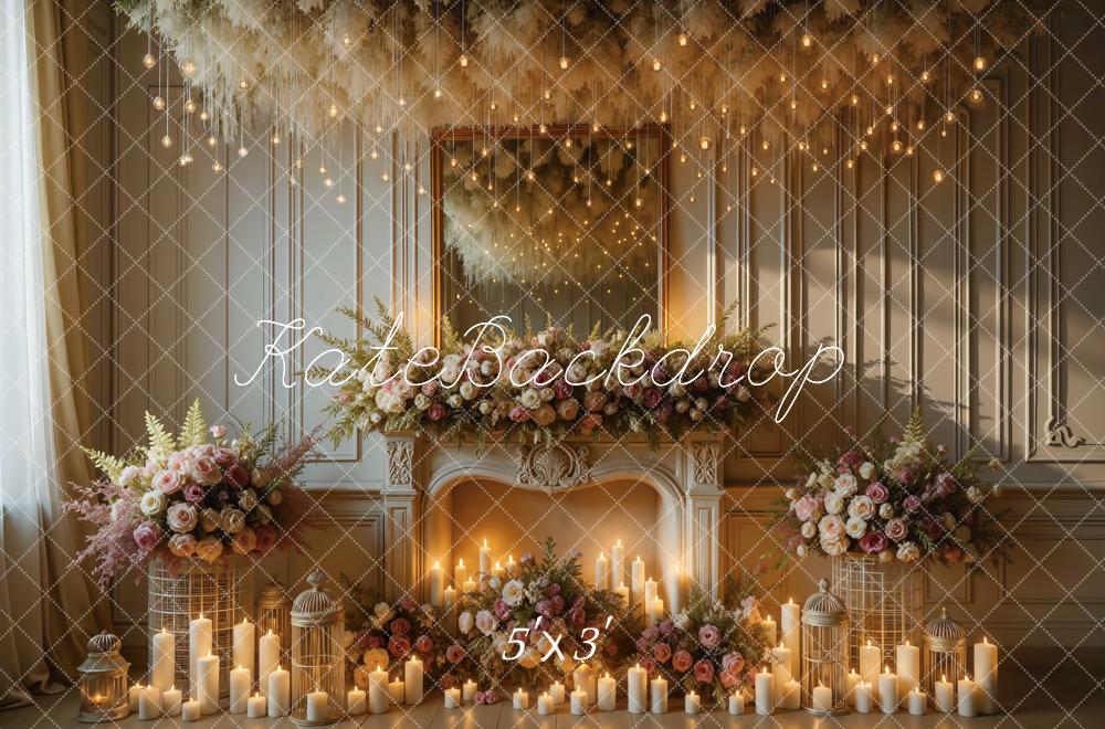 Kate Floral Fireplace Candles Mirror Hanging Lights Printed Backdrop Designed by Mini MakeBelieve