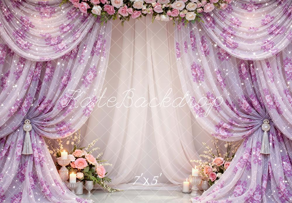 Kate Mother's Day Pink Floral Drapes Flower Arch Candles Printed Backdrop Designed by Mini MakeBelieve