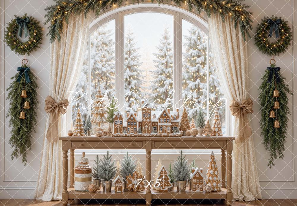Kate Christmas Gingerbread Village Window Garland Curtains Printed Backdrop Designed by Mini MakeBelieve