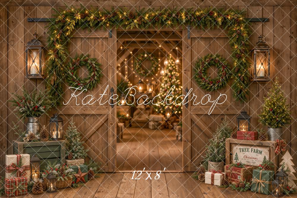Kate Christmas Rustic Barn Door Garland Wreath Trees Printed Backdrop Designed by Emetselch