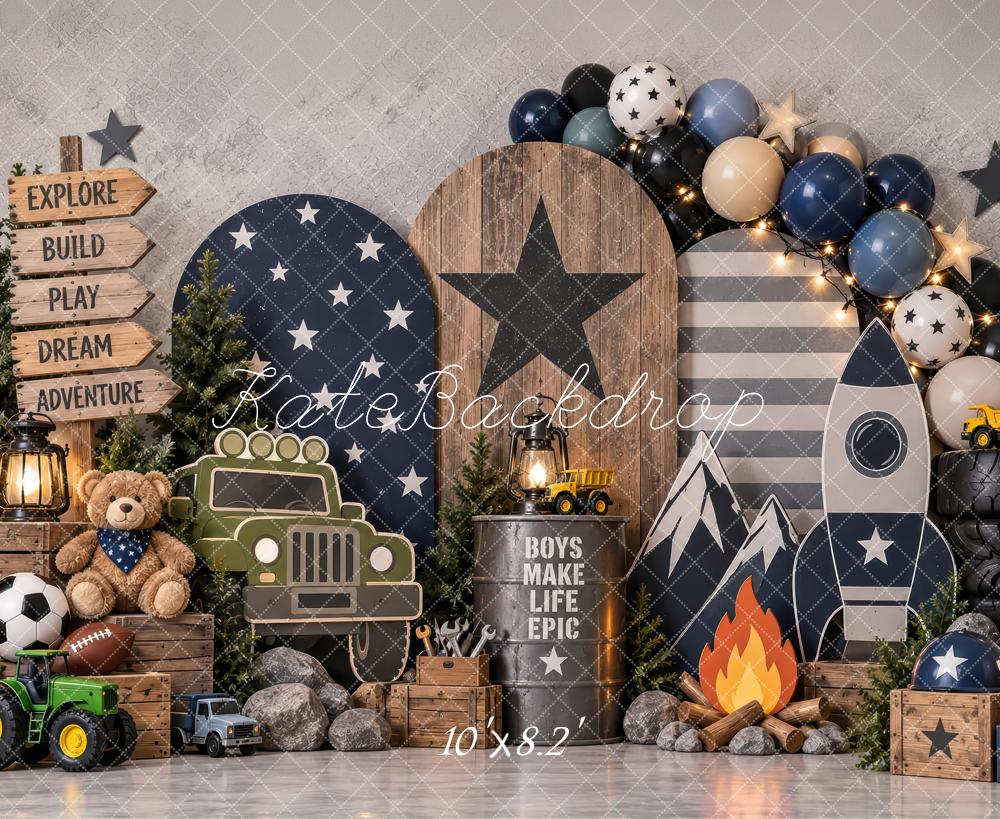 Kate Cake Smash Boys Adventure Rocket Campfire Gray Printed Backdrop Designed by Laura Bybee