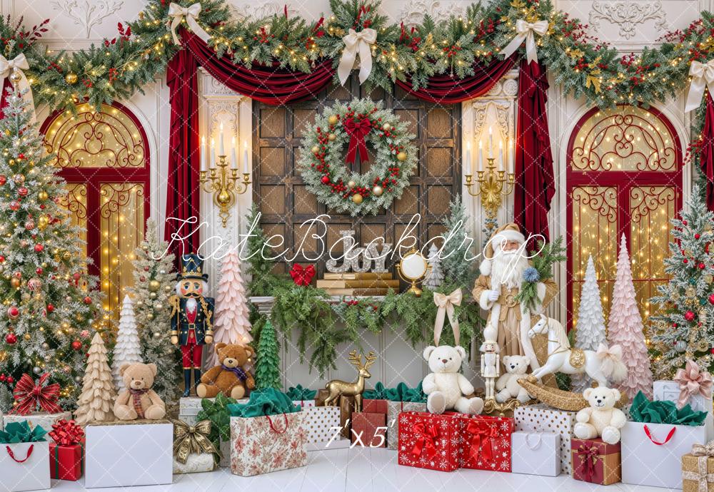 Kate Christmas Santa Claus Fireplace Mantel Garland Gifts Printed Backdrop Designed by Mini MakeBelieve