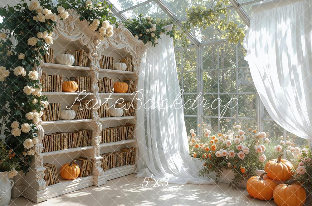 Kate Fall Bookshelf Pumpkins Floral Sunroom Curtains Backdrop Designed by Mini MakeBelieve
