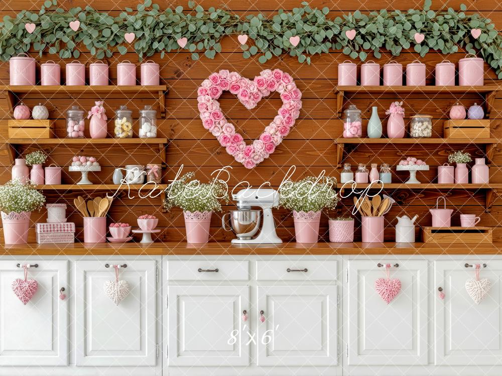 Kate Valentine's Day Pink Heart Floral Kitchen Cabinet Backdrop Designed by Patty Roberts