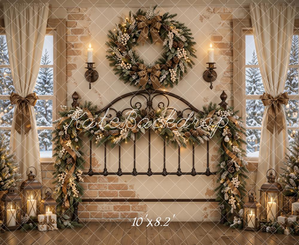 Kate Christmas Wrought Iron Headboard Wreath Garland Window Printed Backdrop Designed by Emetselch