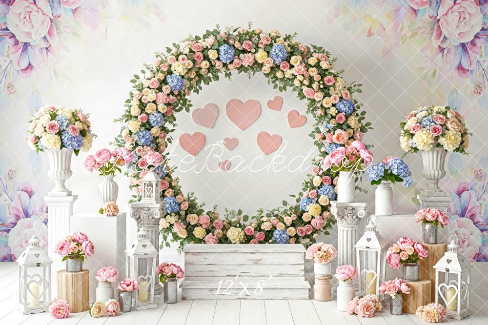 Kate Valentine's Day Flower Arch Hearts Lanterns Pedestals Backdrop Designed by Patty Roberts