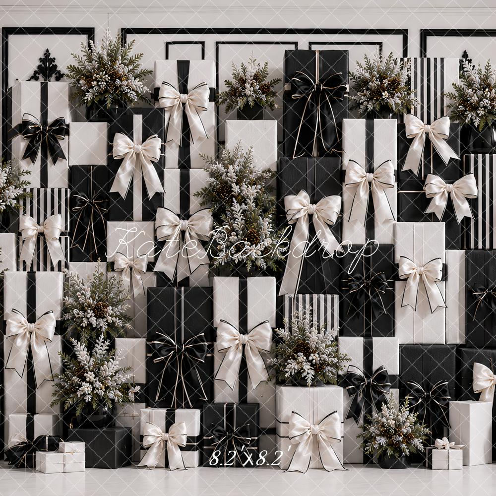 Kate Black White Gift Box Floral Wall Printed Backdrop Designed by Ashley Paul
