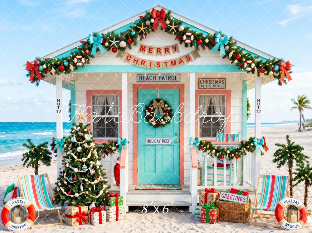 Kate Christmas Tree Coastal Beach Hut Blue Printed Backdrop Designed by Patty Roberts