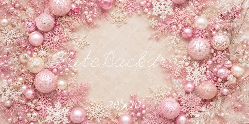 Kate Christmas Pink Ornaments Snowflakes Wreath Printed Backdrop Designed by Megan Leigh Photography
