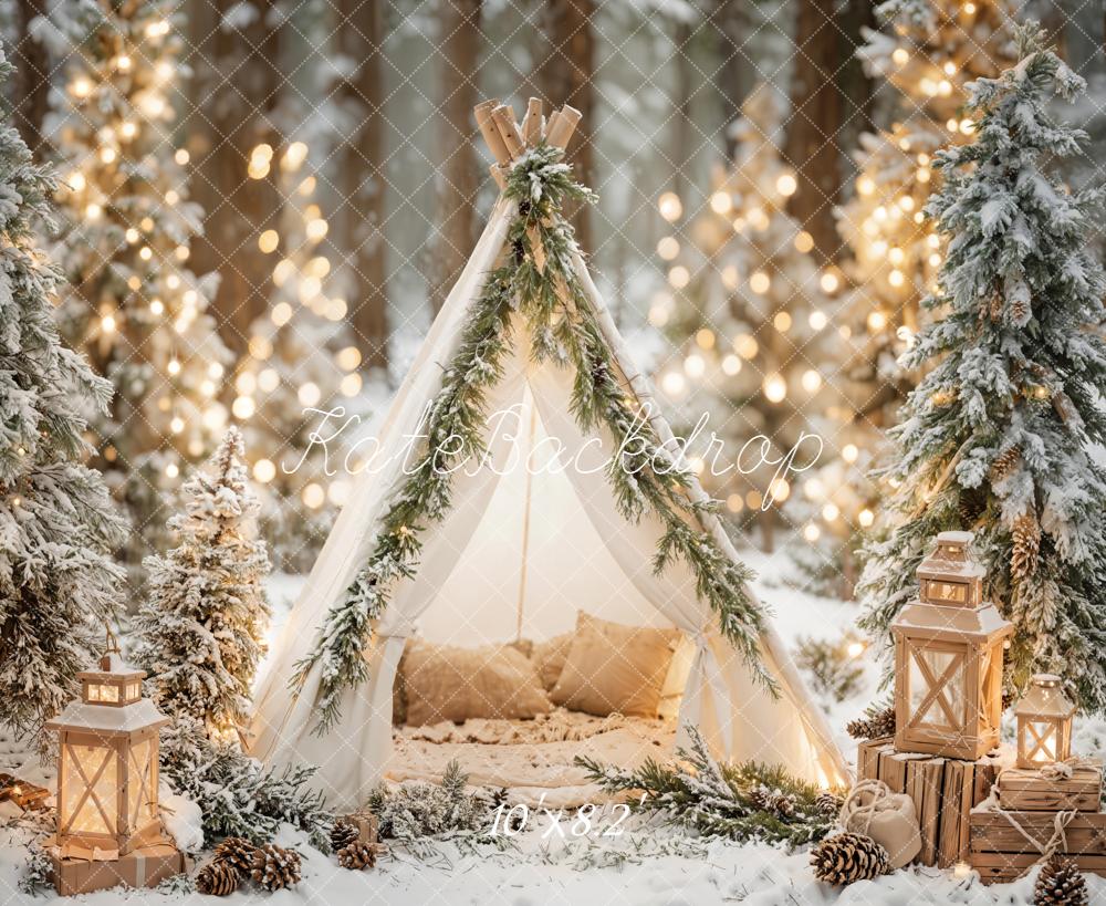 Kate Christmas Snowy Tent Forest Lanterns White Backdrop Designed by Emetselch