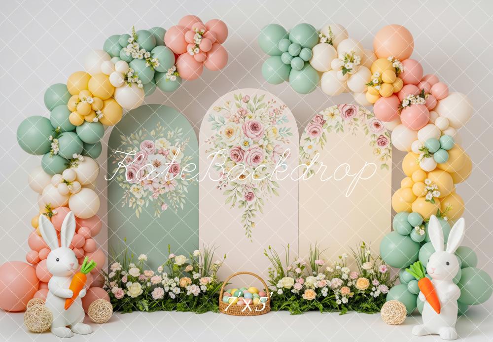 Kate Easter Bunny Flower Arch Pastel Balloons Printed Backdrop Designed by Patty Roberts