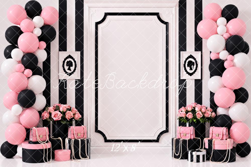 Kate Birthday Luxury Pink Black White Balloons Striped Wall Flowers Gifts Printed Backdrop Designed by Shutter Swan Studios