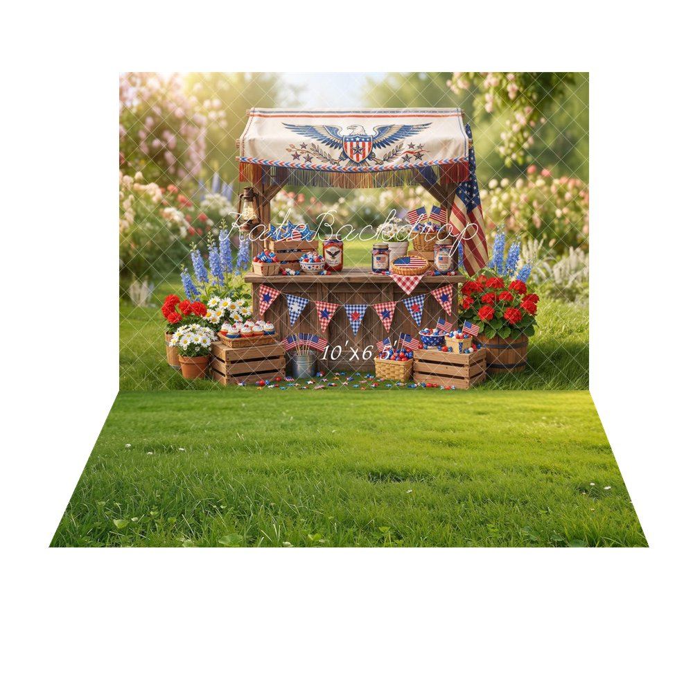 Kate 4th Of July Patriotic Stand American Flag Cupcakes Flowers Printed Backdrop+Summer Green Grass Floor Mat