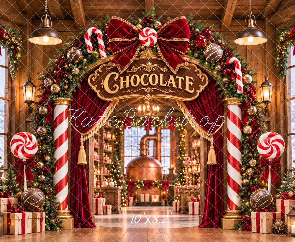 Kate Christmas Chocolate Factory Candy Cane Arch Bow Printed Backdrop Designed by Emetselch