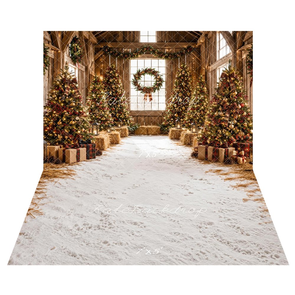 Kate Christmas Rustic Barn Trees Wreath Printed Backdrop+White Snowy Hay Floor Printed Backdrop