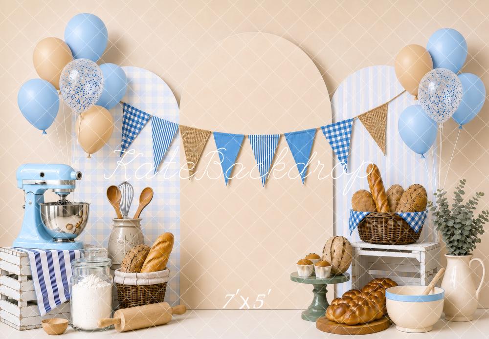 Kate Cake Smash Blue Bakery Bread Balloons Mixer Party Printed Backdrop Designed by Shutter Swan Studios