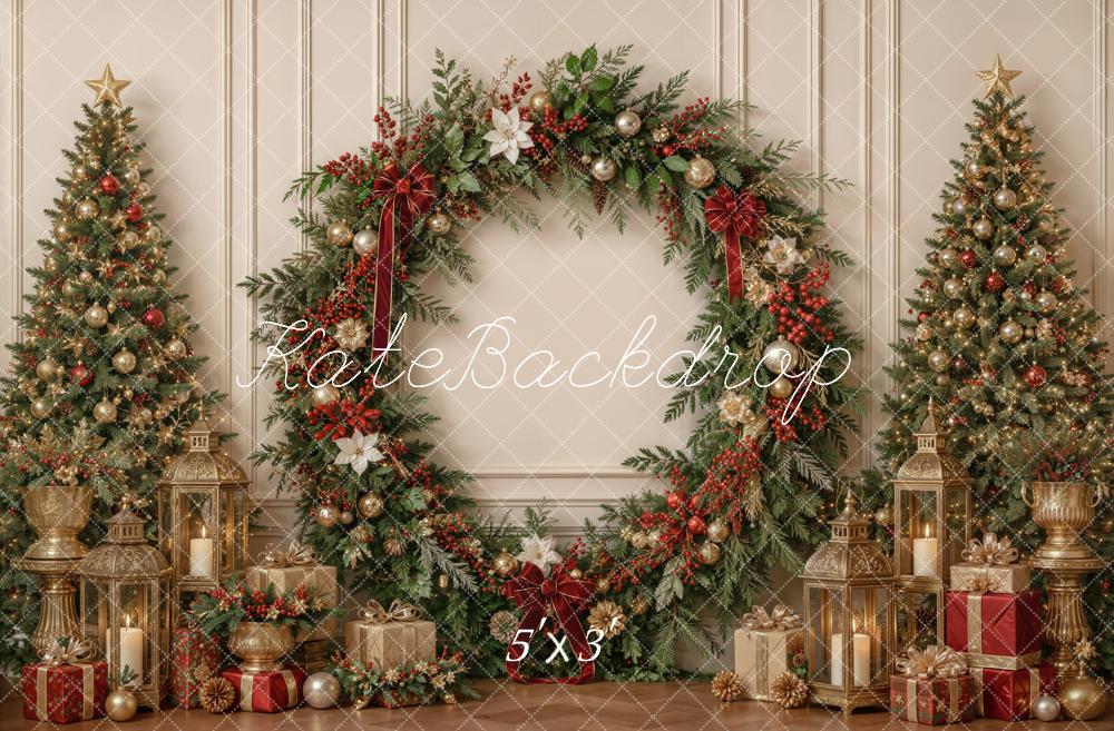 Kate Christmas Greenery Wreath Arch Trees Lanterns Cozy Printed Backdrop Designed by Emetselch