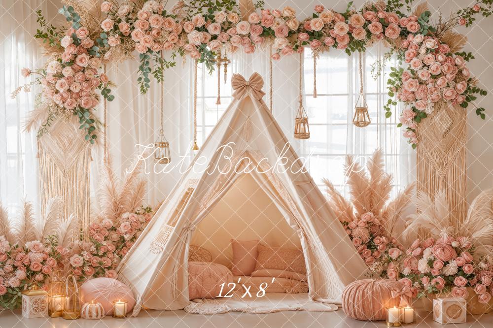 Kate Boho Flower Arch Teepee Pink Floral Macrame Backdrop Designed by Emetselch
