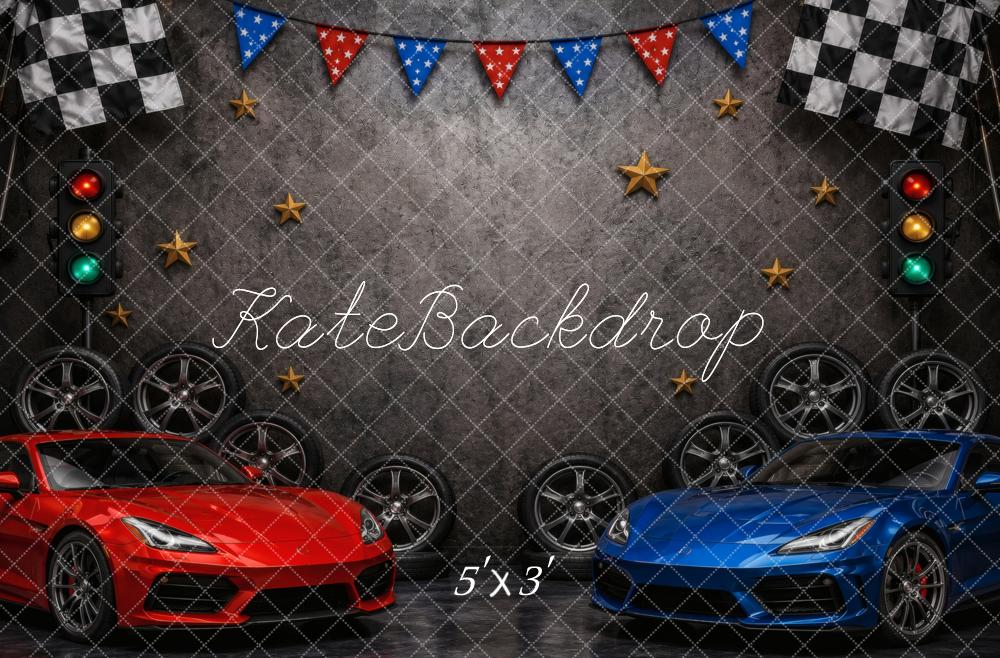 Kate Race Car Checkered Flags Wheels Traffic Lights Stars Printed Backdrop Designed by Vertigo Productions