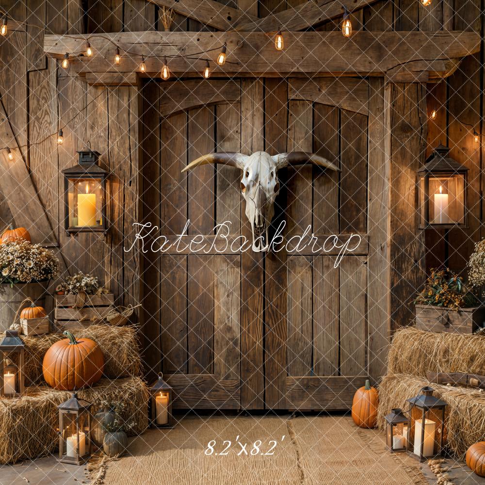 Kate Fall Rustic Barn Door Pumpkins Hay Lanterns Backdrop Designed by Emetselch