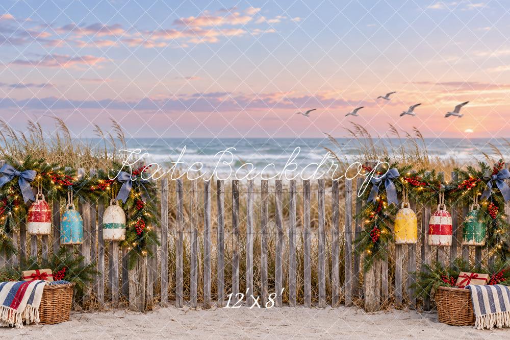 Kate Christmas Beach Fence Garland Buoys Printed Backdrop Designed by Vertigo Productions