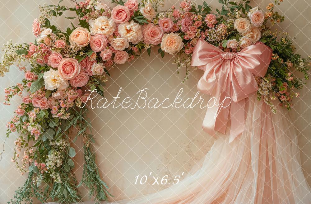 Kate Spring Flower Arch Pink Roses Satin Bow Tulle Backdrop Designed by Emetselch