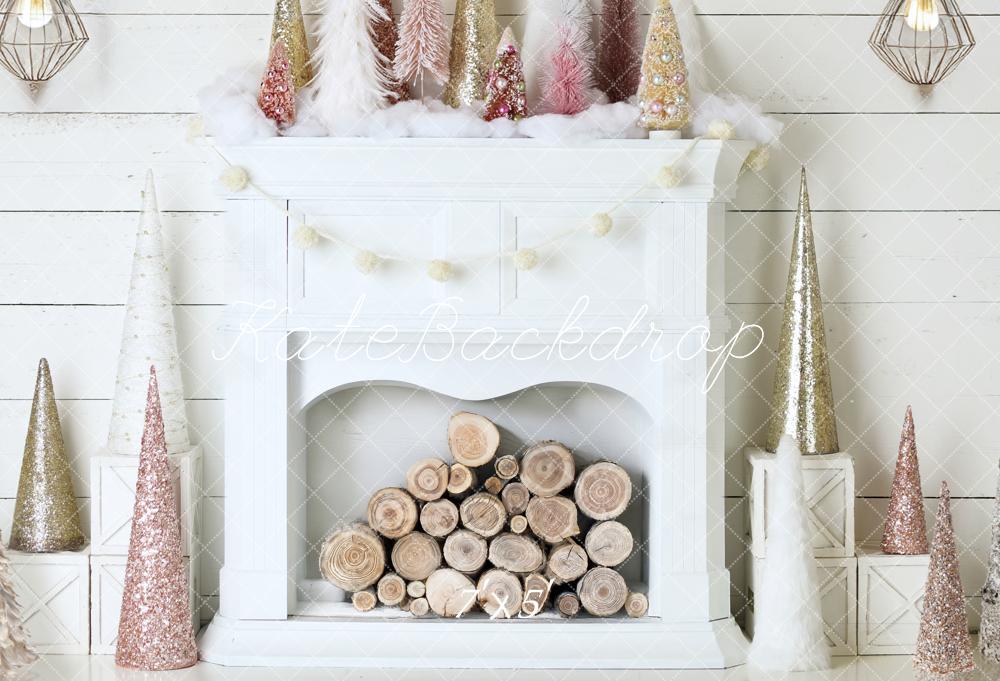Kate Christmas Boho White Fireplace Glitter Cone Trees Backdrop Designed by Mandy Ringe Photography