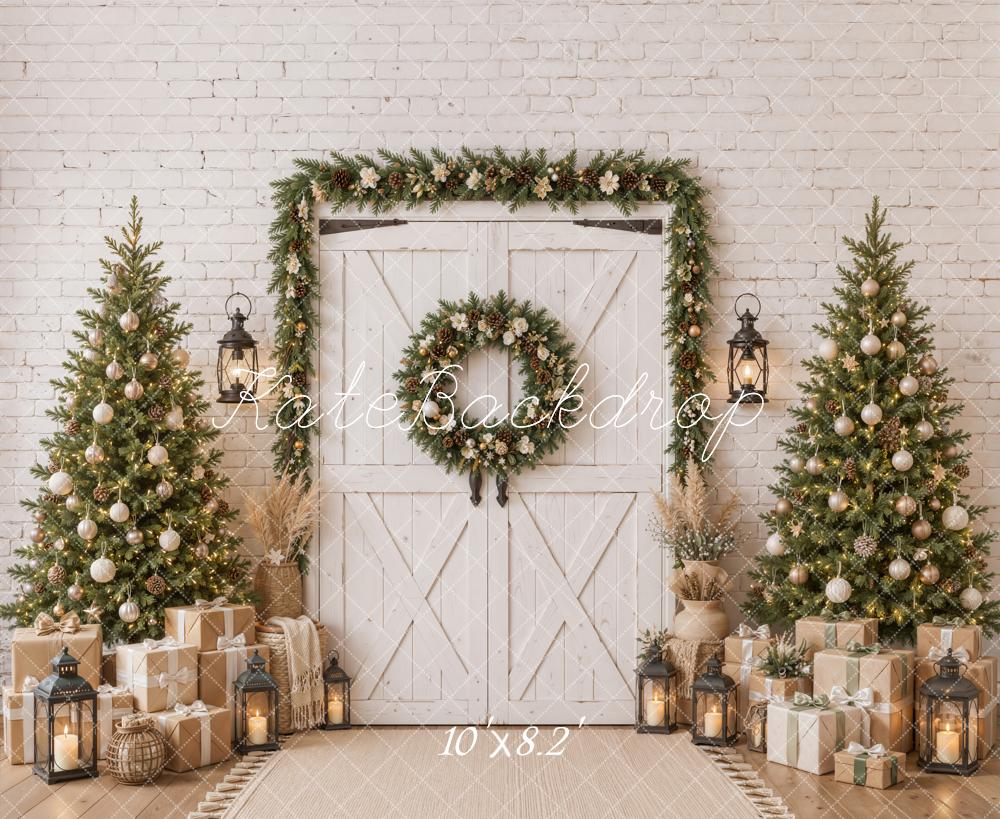 Kate Christmas Barn Door Garland Wreath Christmas Trees Printed Backdrop Designed by Emetselch