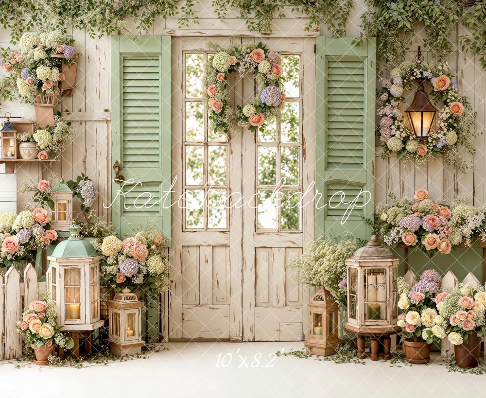 Kate Spring Floral Garden Door Lanterns Wreath Green Shutters Backdrop Designed by Emetselch