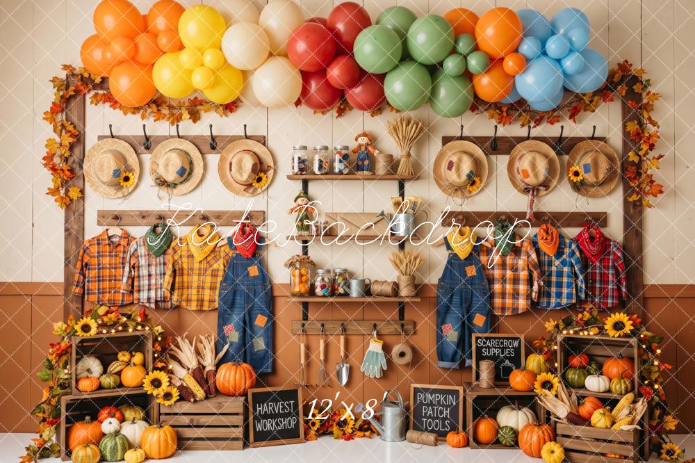 Kate Fall Birthday Little Scarecrow Workshop Pumpkins Balloons Printed Backdrop Designed by Patty Roberts