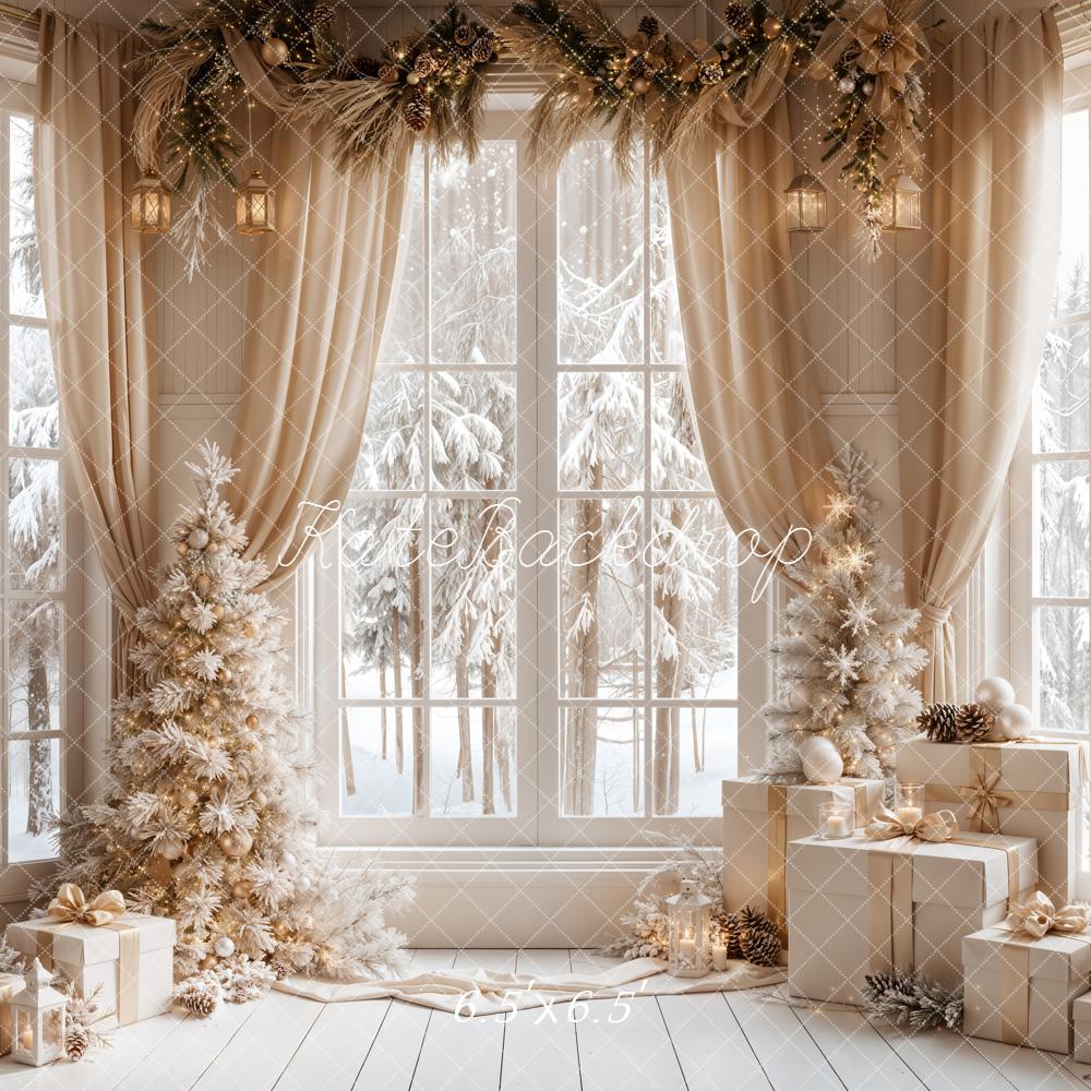 Kate Christmas Windows Beige Curtains Winter White Trees Gifts Printed Backdrop Designed by Emetselch