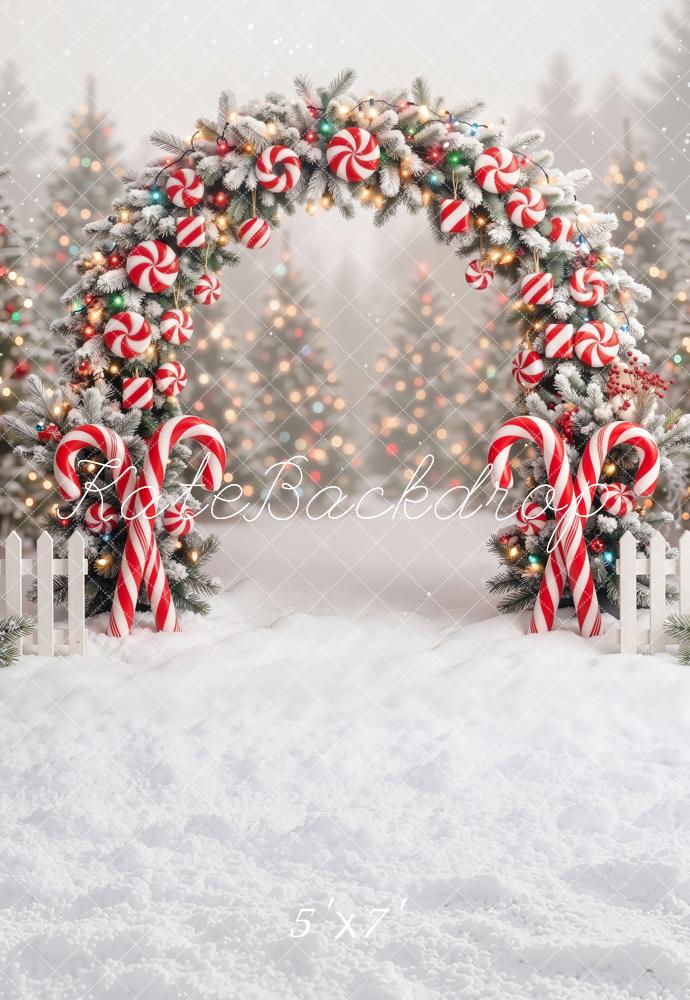 Kate Christmas Candy Cane Flower Arch Snow Printed Backdrop Designed by Emetselch