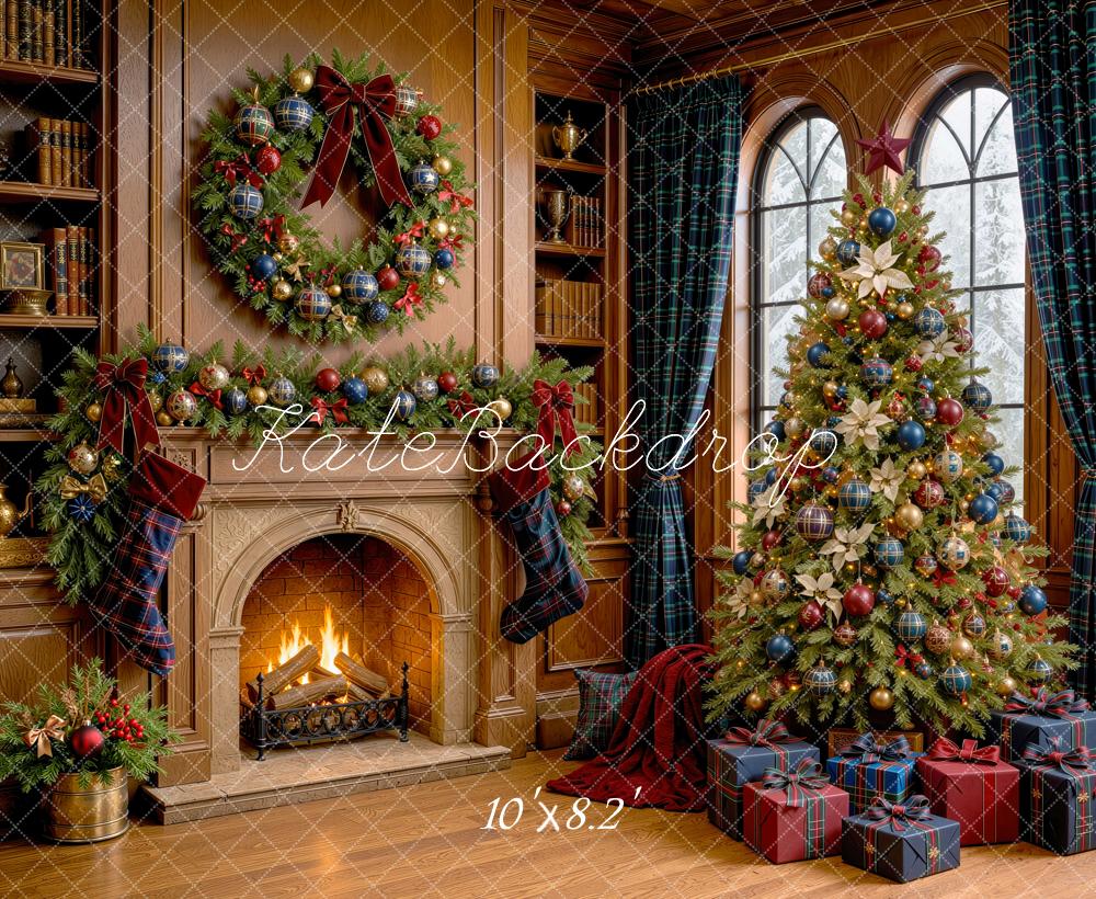 Kate Christmas Fireplace Wreath Tree Blue Plaid Curtains Stockings Gifts Printed Backdrop Designed by Mini MakeBelieve