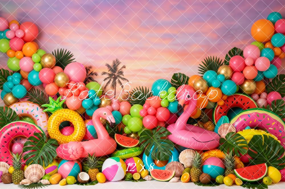 Kate Summer Vibrant Tropical Flamingo Balloons Fruit Palm Tree Sunset Printed Backdrop Designed by Patty Roberts